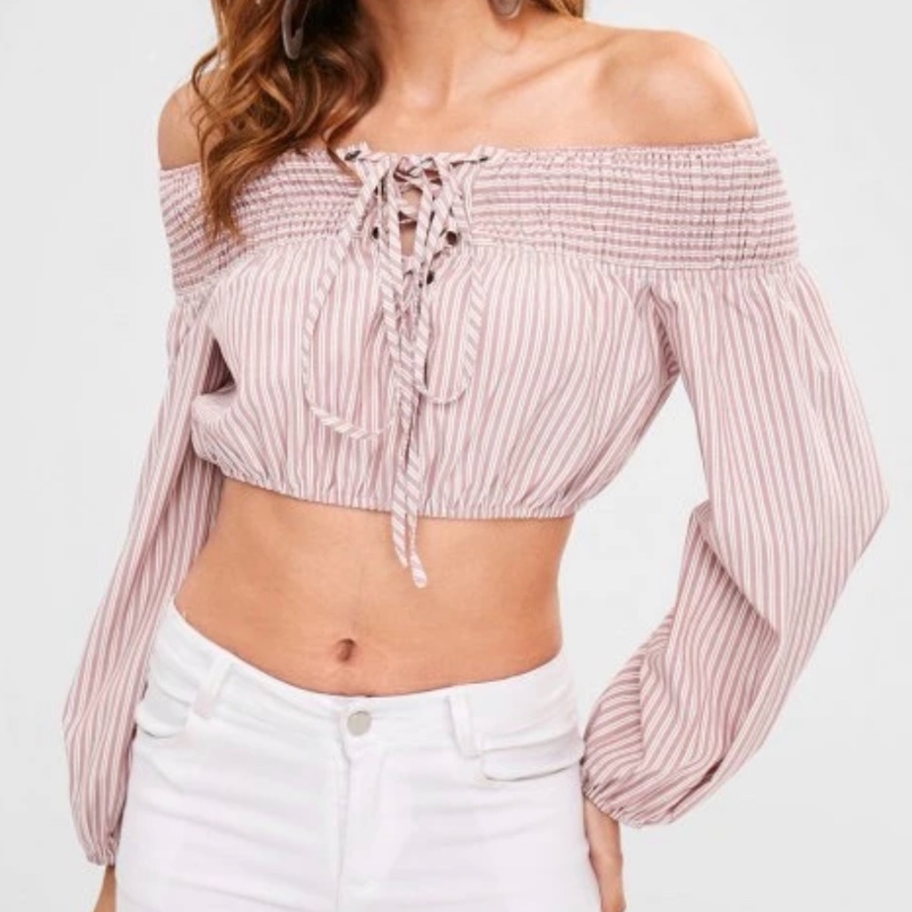 Zaful Stripe Lace-Up Smocked Blouse